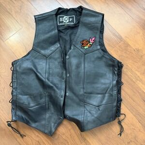 Vintage Harley Davidson Style Vest Women's Size 46 Black Leather Biker Lace Up